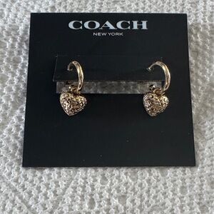 Coach Faux Stone Signature Quilted Heart Charm Huggie Earrings